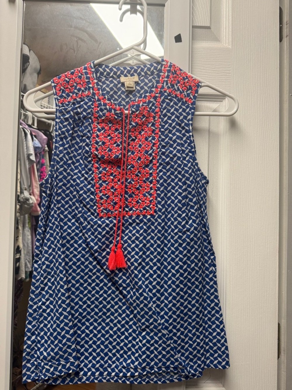 J. Crew Blue sleeveless top with embroidery